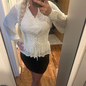 White Smocked Long Sleeve Tie Front Blouse